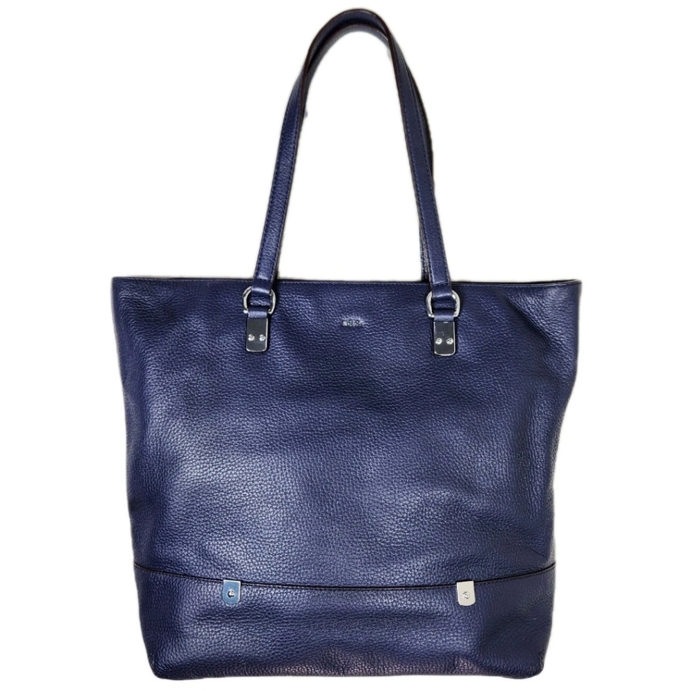 LRL Ralph Lauren Genuine Pebbled Leather Tote Navy Blue Large Shoulder Bag